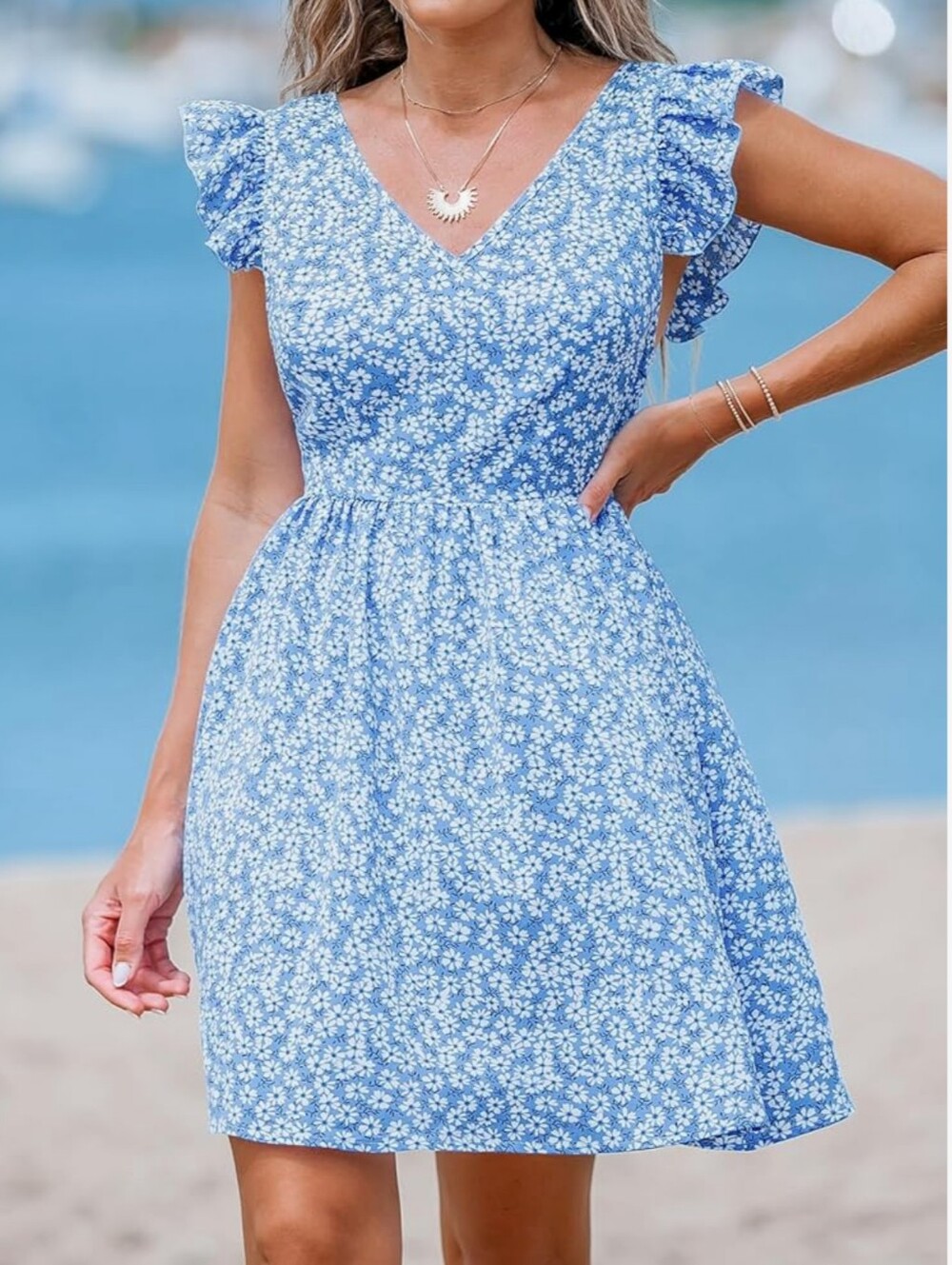 CUPSHE Women's Mini Ditsy Print Flutter Sleeve Bow Tie Back Summer Flowy Breezy